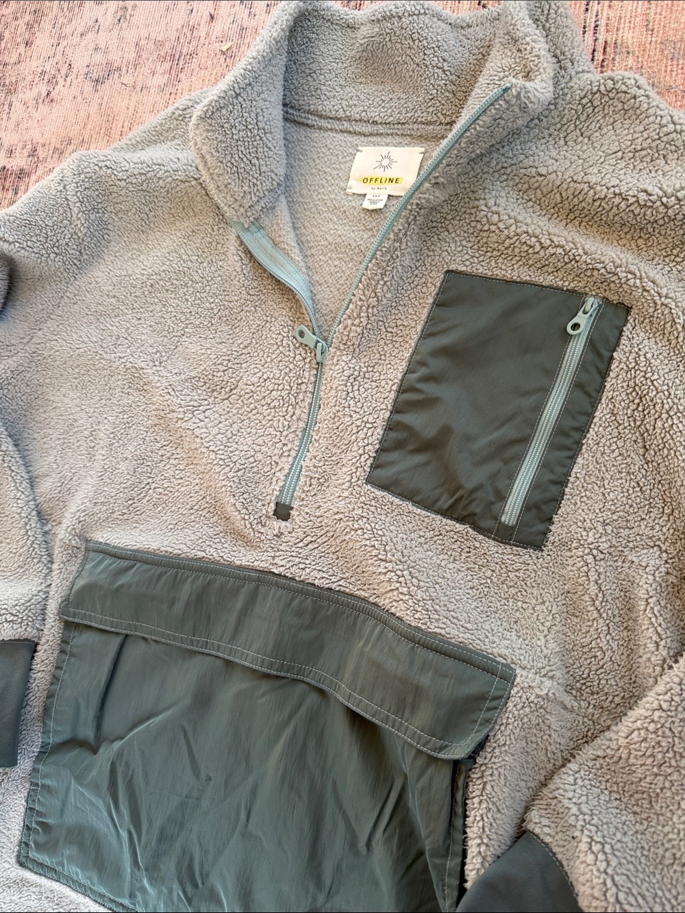 aerie Light Green Sherpa Half-Zip Pullover with Olive Green Accents - Picture 3 of 4